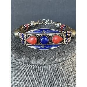 Tibetan Silver Nepal Handcrafted Lapis Coral Bracelet Inlaid Artisan Boho New